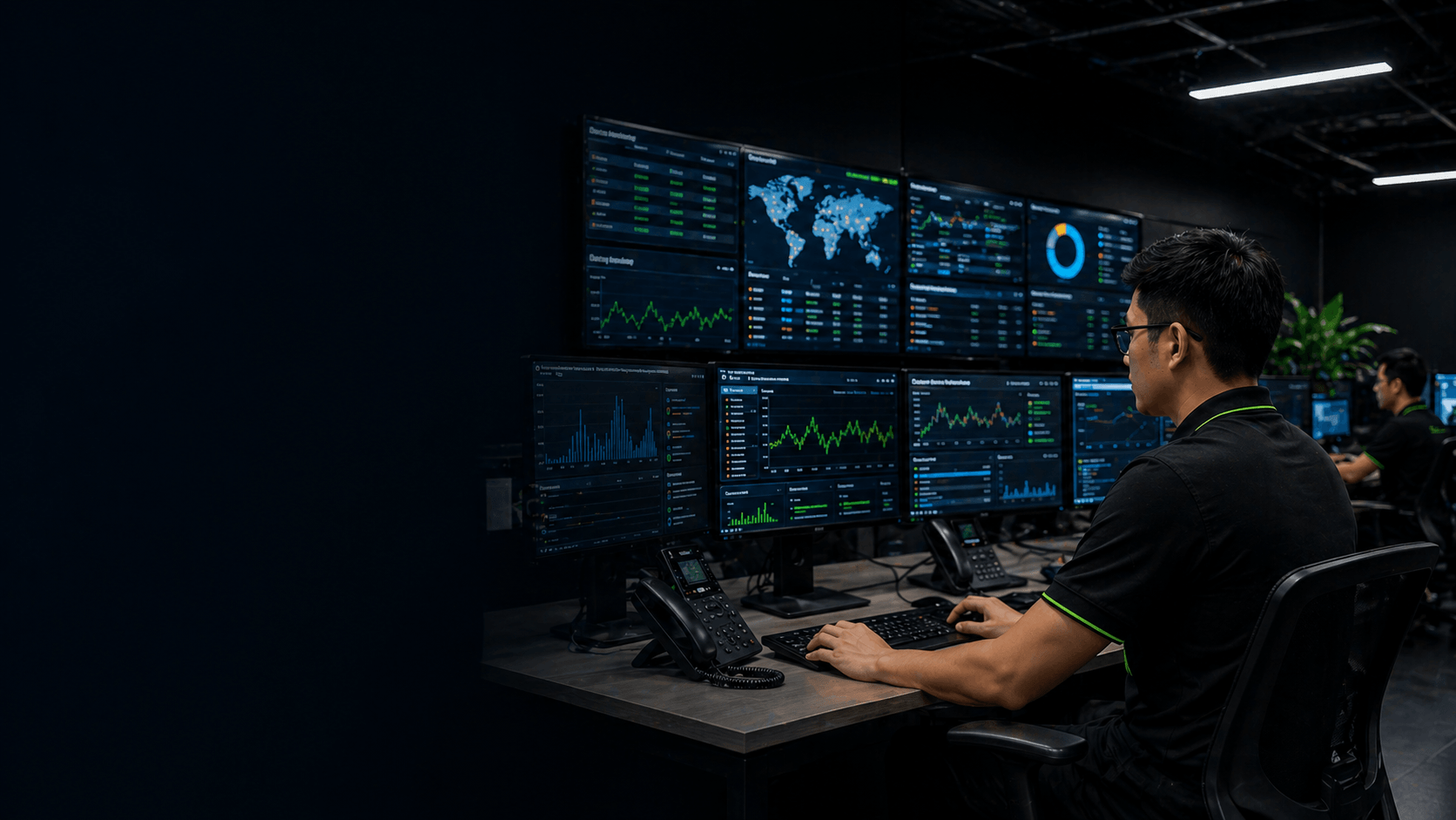 Servcom network management Malaysia — engineer monitoring network infrastructure at NOC