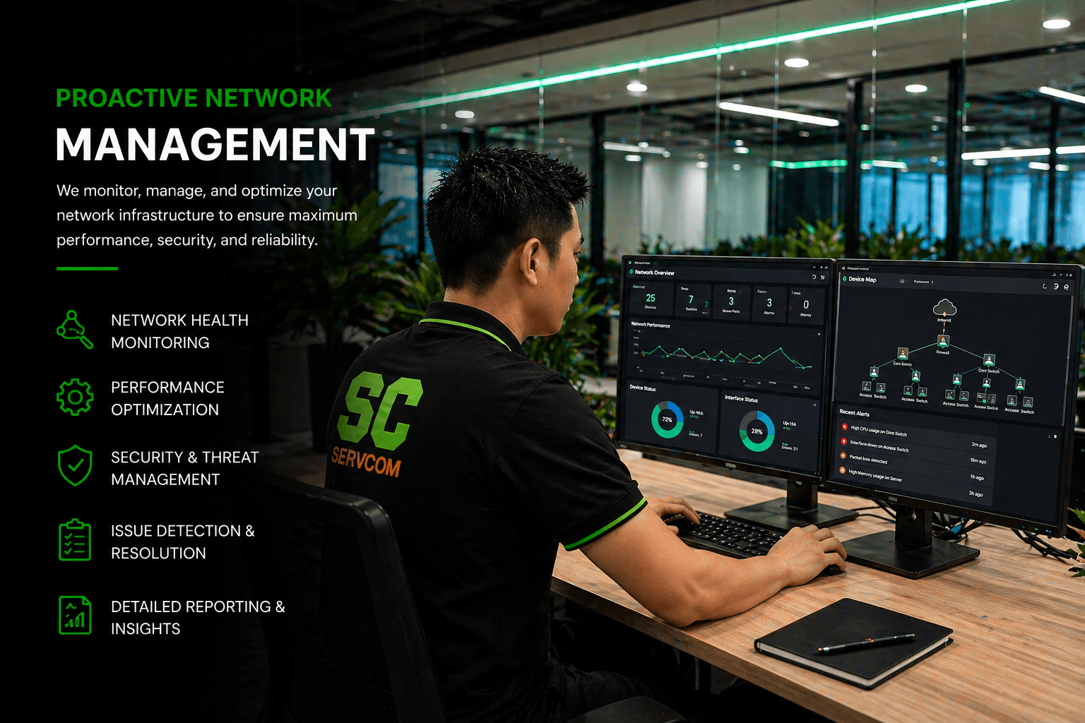 Servcom Solutions engineer monitoring network infrastructure and performance dashboards in real time