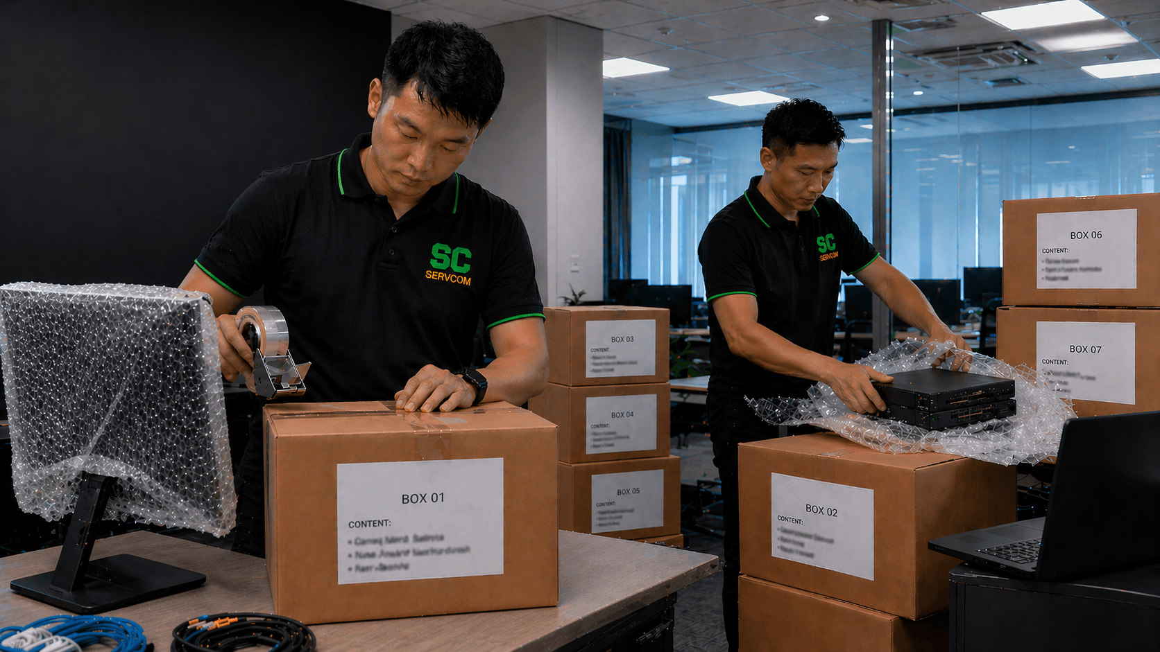 Servcom office IT relocation Malaysia — engineers packing and labelling IT equipment for office move