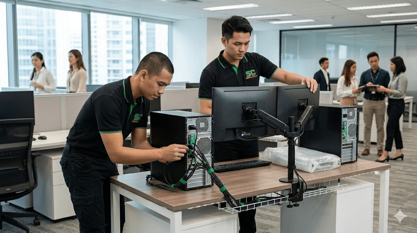 Servcom engineers setting up workstations and IT equipment at new office location Malaysia