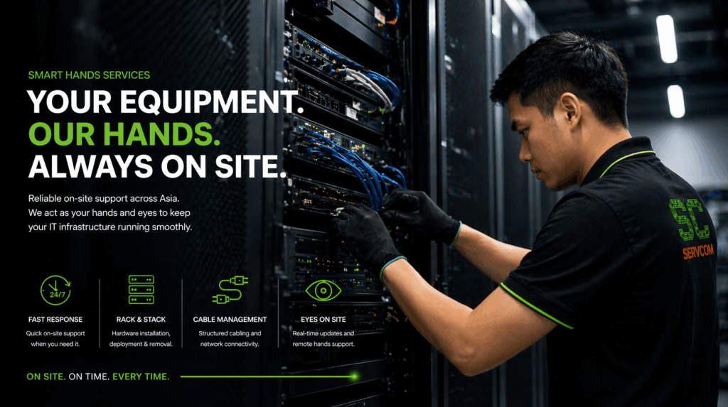 Servcom smart hands engineer performing on-site server rack cabling across Asia