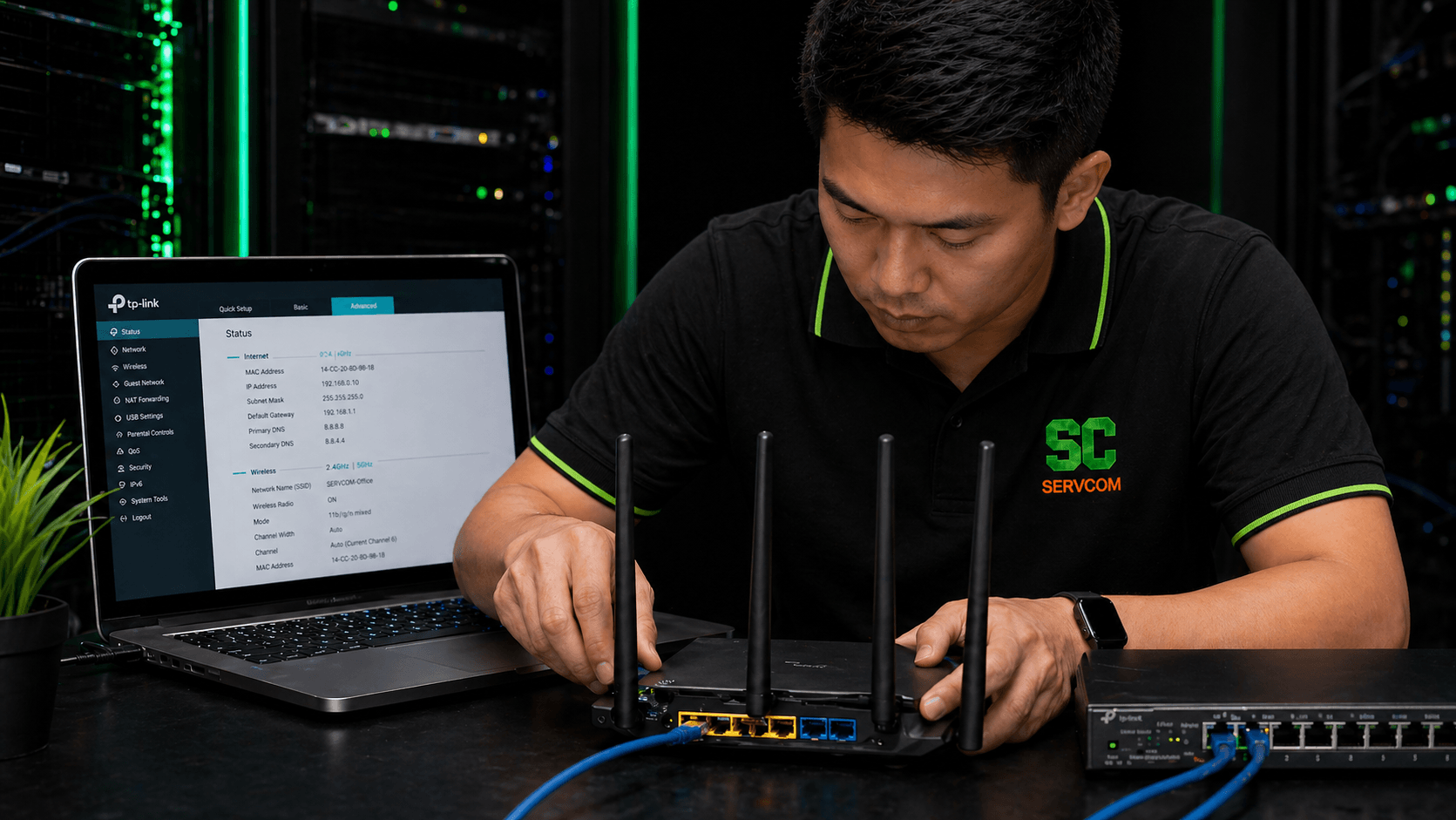 Servcom IT engineer configuring a wireless router and network settings for a Malaysian business
