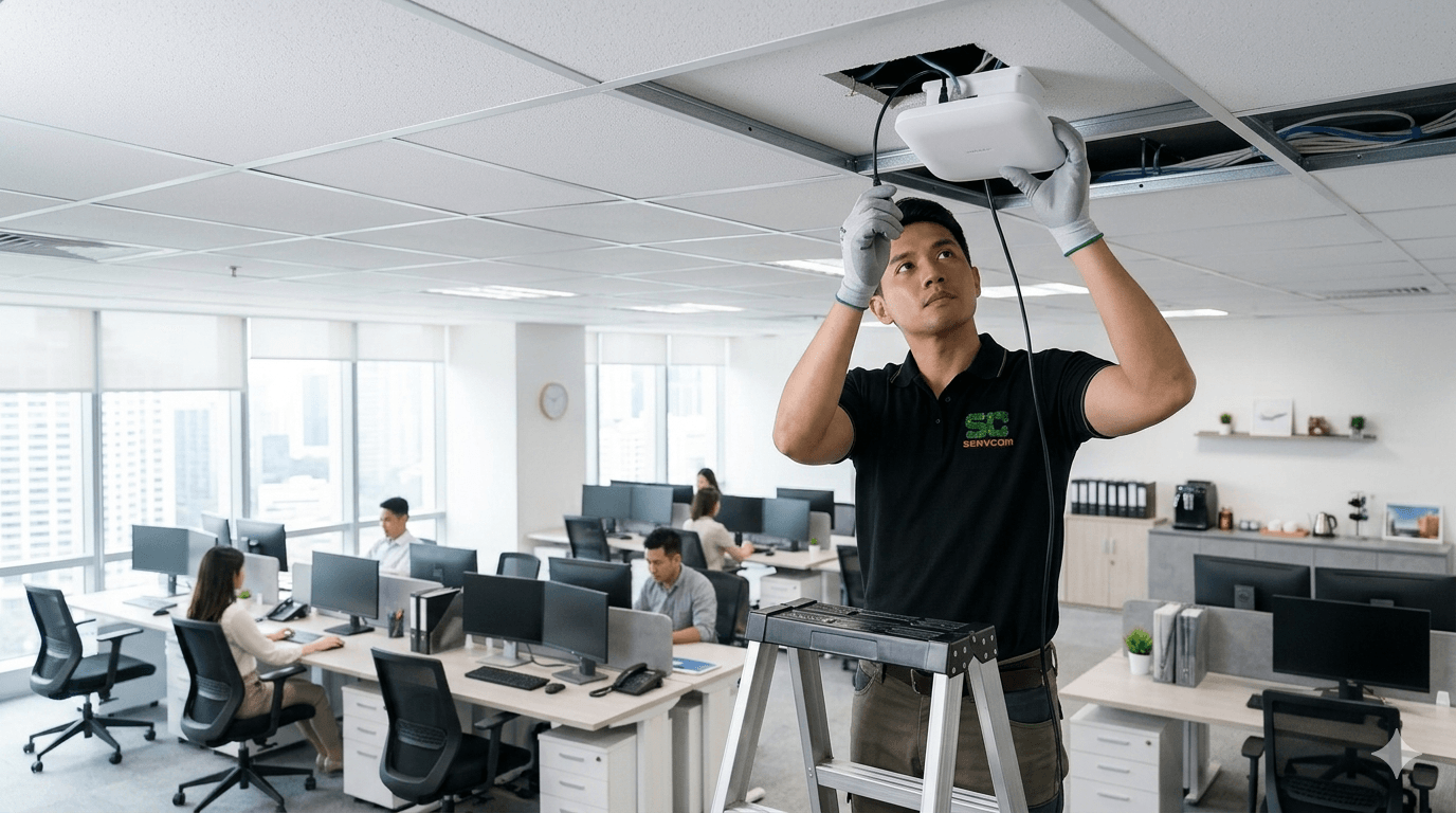 WiFi Services Malaysia — Servcom engineer installing a ceiling-mounted wireless access point in a Malaysian office