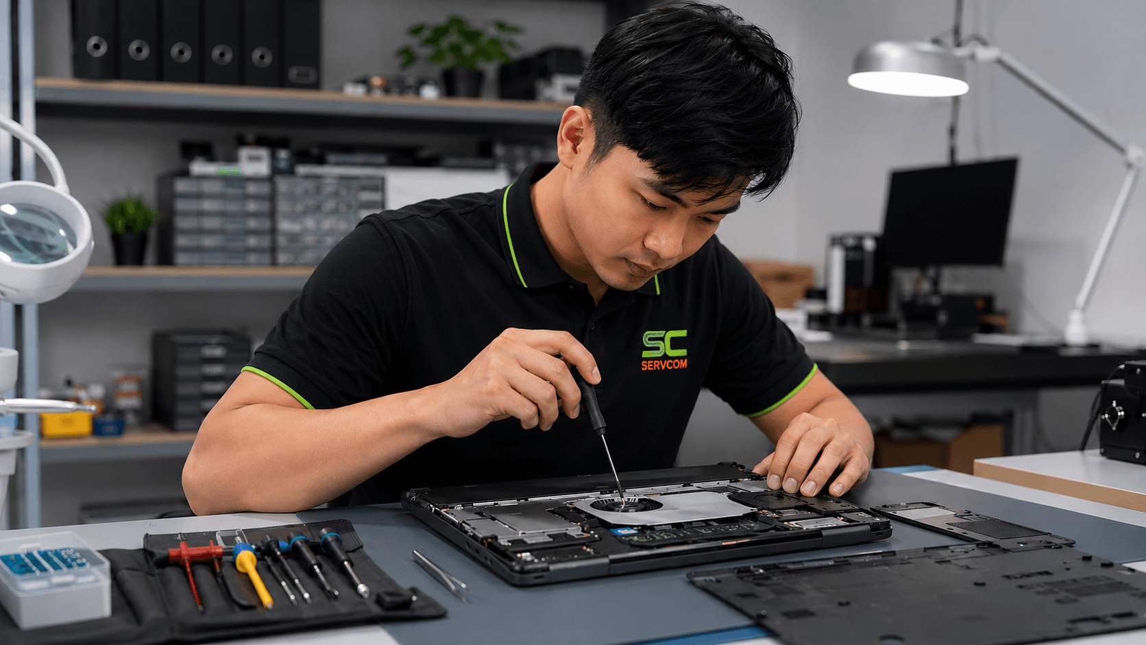 Servcom Solutions technician performing professional laptop hardware repair and troubleshooting service