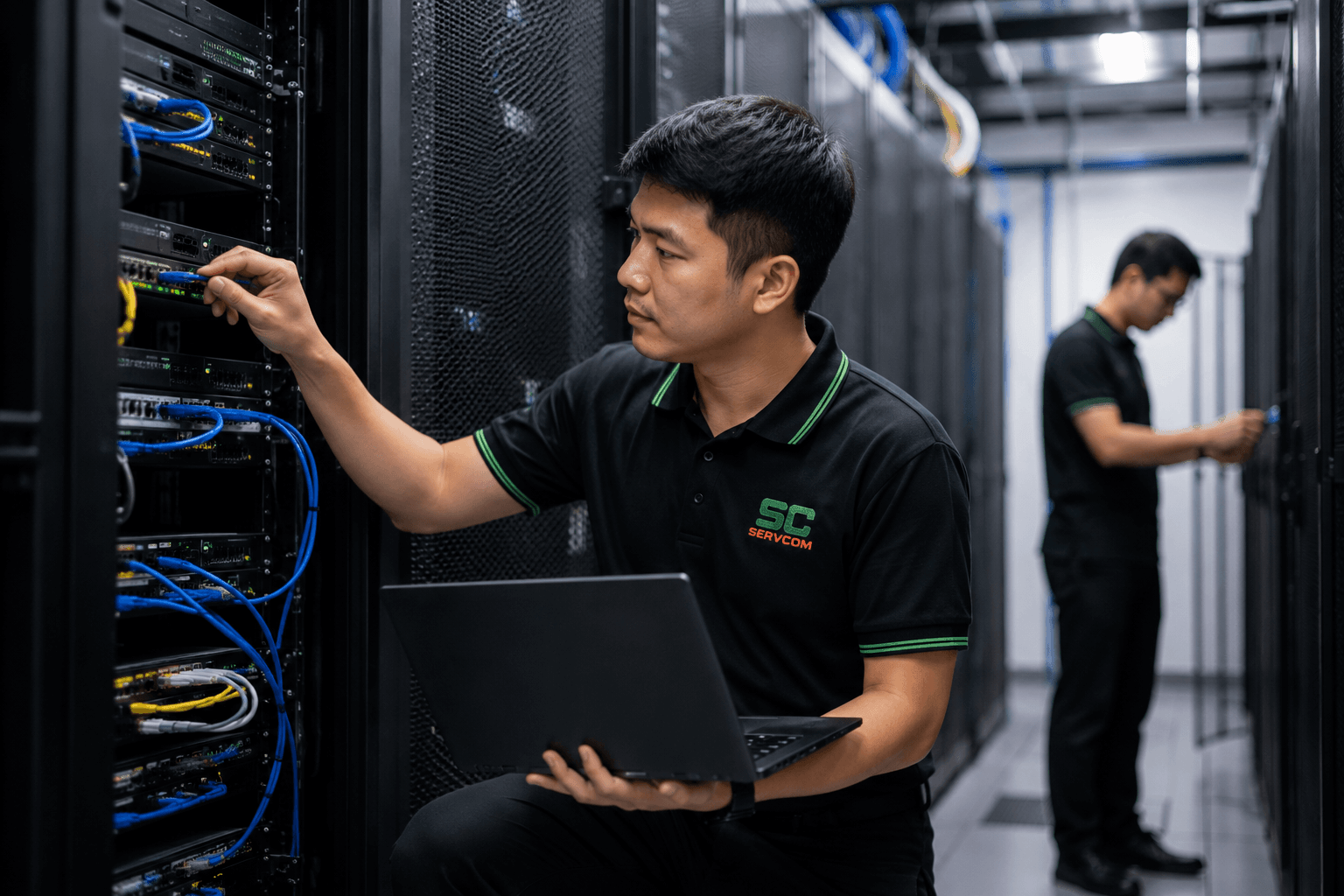Servcom Solutions certified engineer providing smart hands IT support in Malaysia — on-site technician performing rack and stack work in a server room