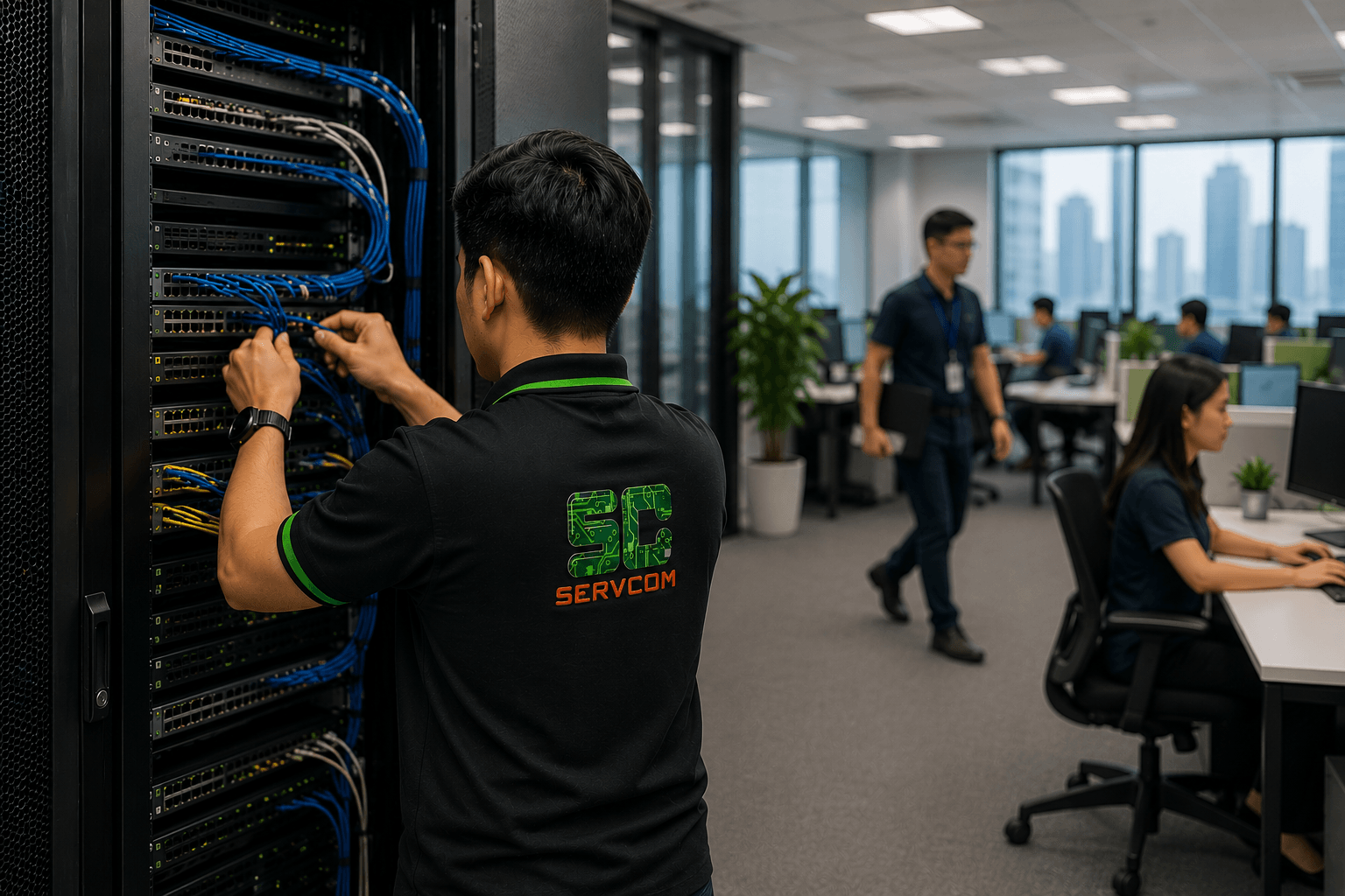 Smart Hands Indonesia on-site IT support engineer performing rack and stack services in Jakarta
