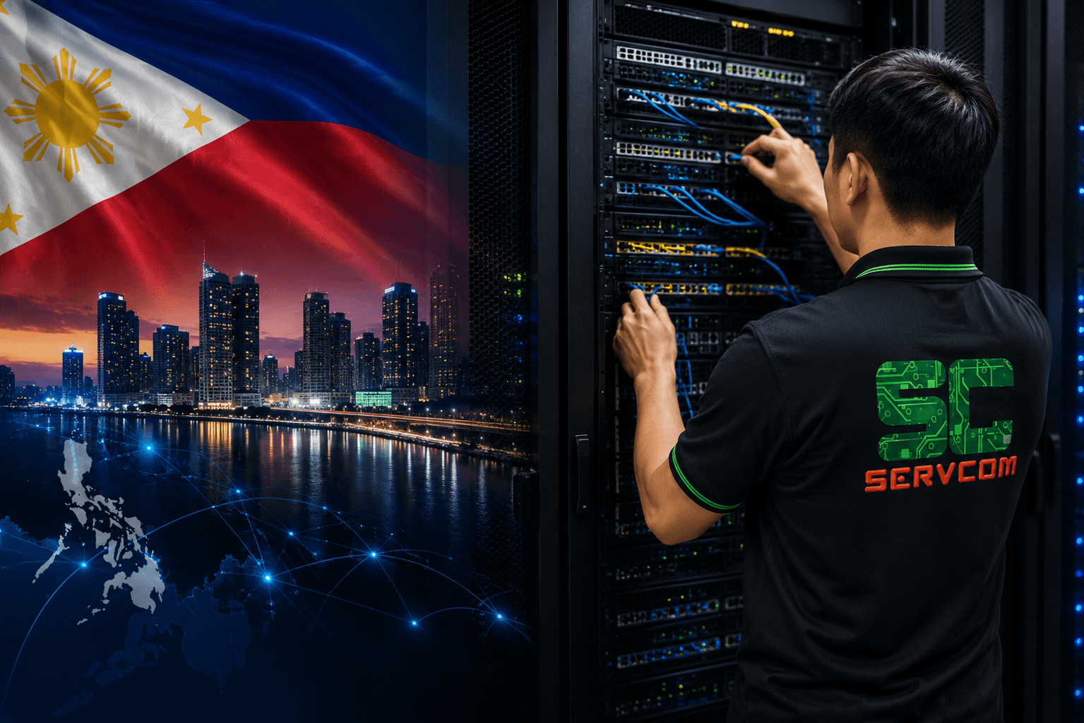 Smart Hands Philippines — Servcom engineer providing on-site IT support and network maintenance in a data centre