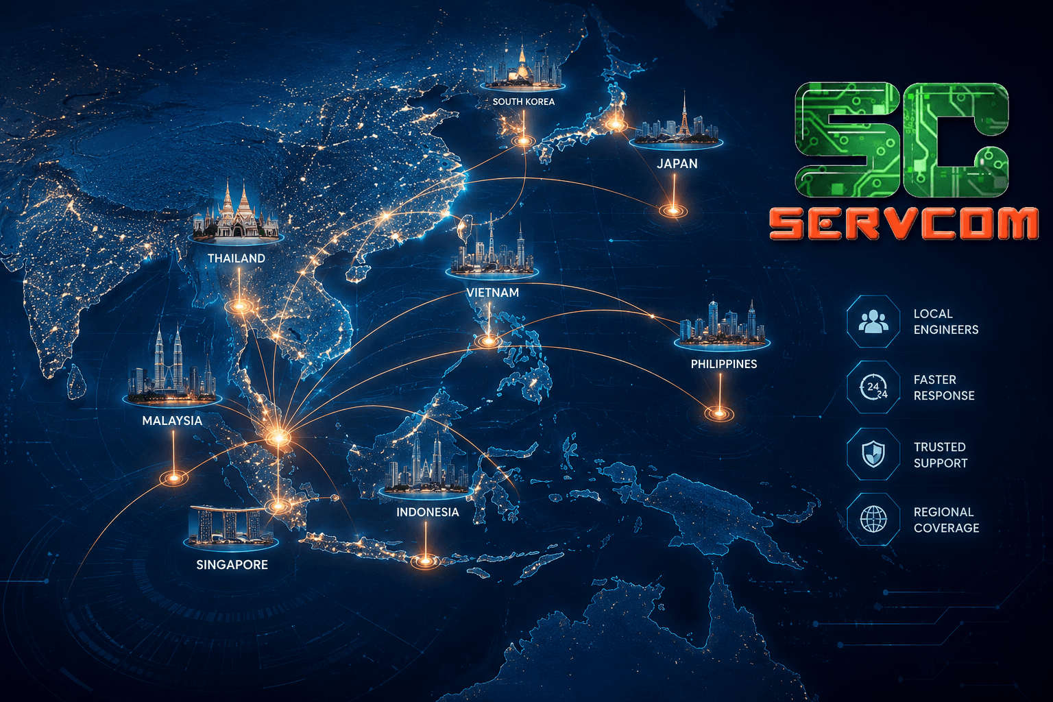 Servcom Smart Hands APAC coverage map — Malaysia, Singapore, Indonesia, Philippines, Thailand, Vietnam, South Korea, Japan