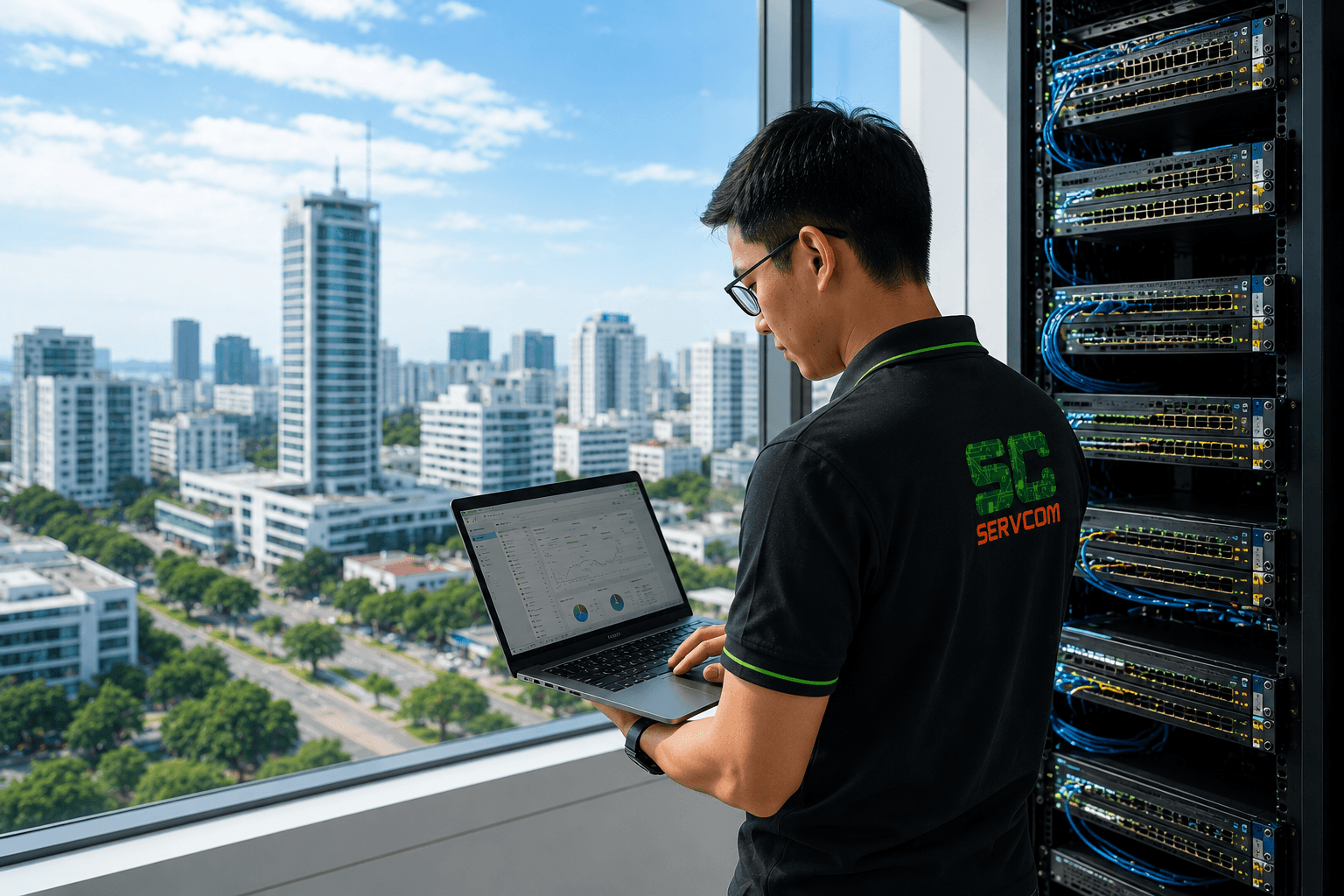 IT support Johor Bahru technician monitoring network infrastructure on laptop with Johor Bahru city skyline in the background
