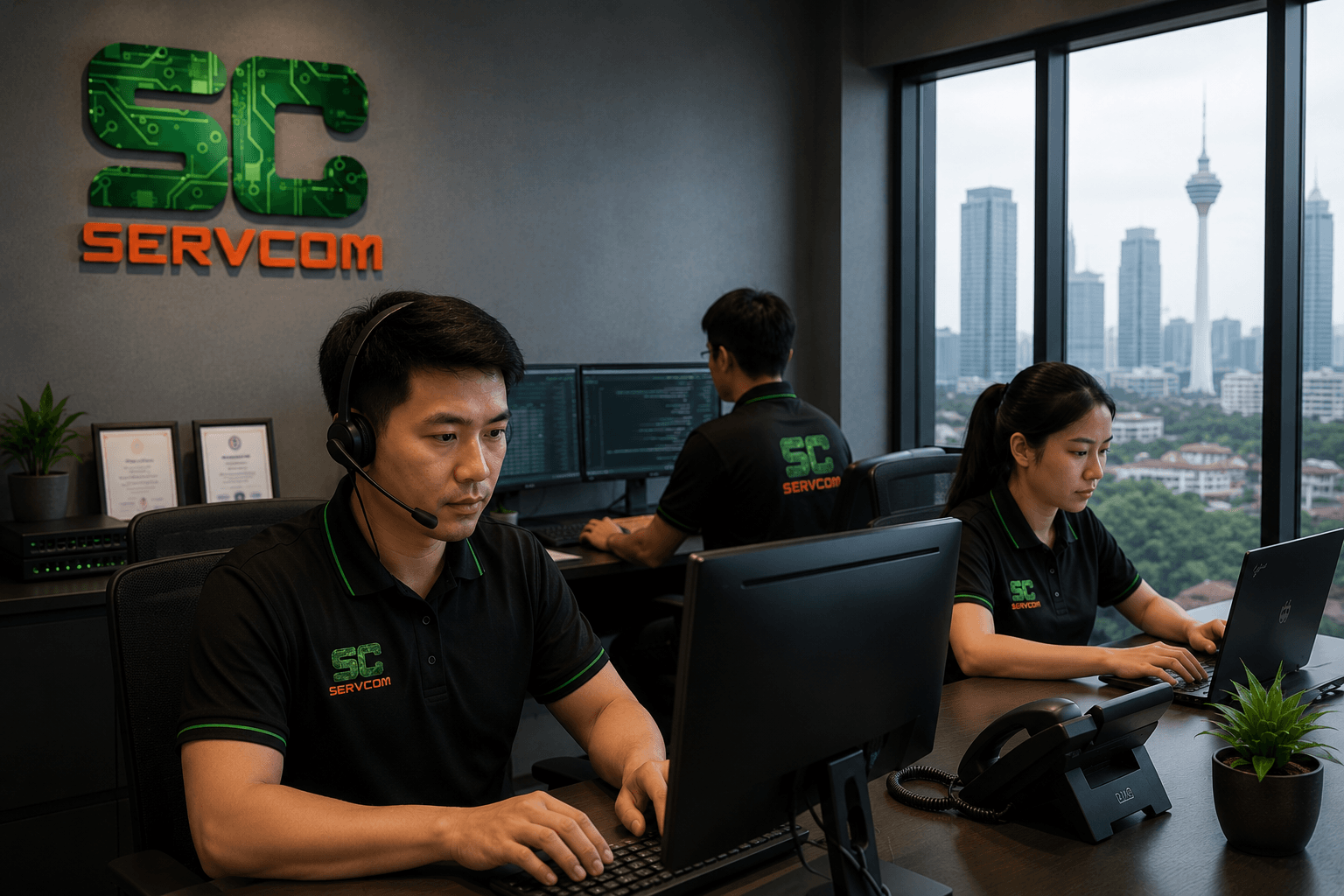 IT support KL team at work in a Kuala Lumpur office with the city skyline in the background