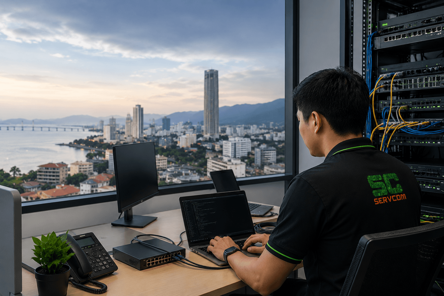 IT support Penang technician working at a business office overlooking George Town and Penang skyline