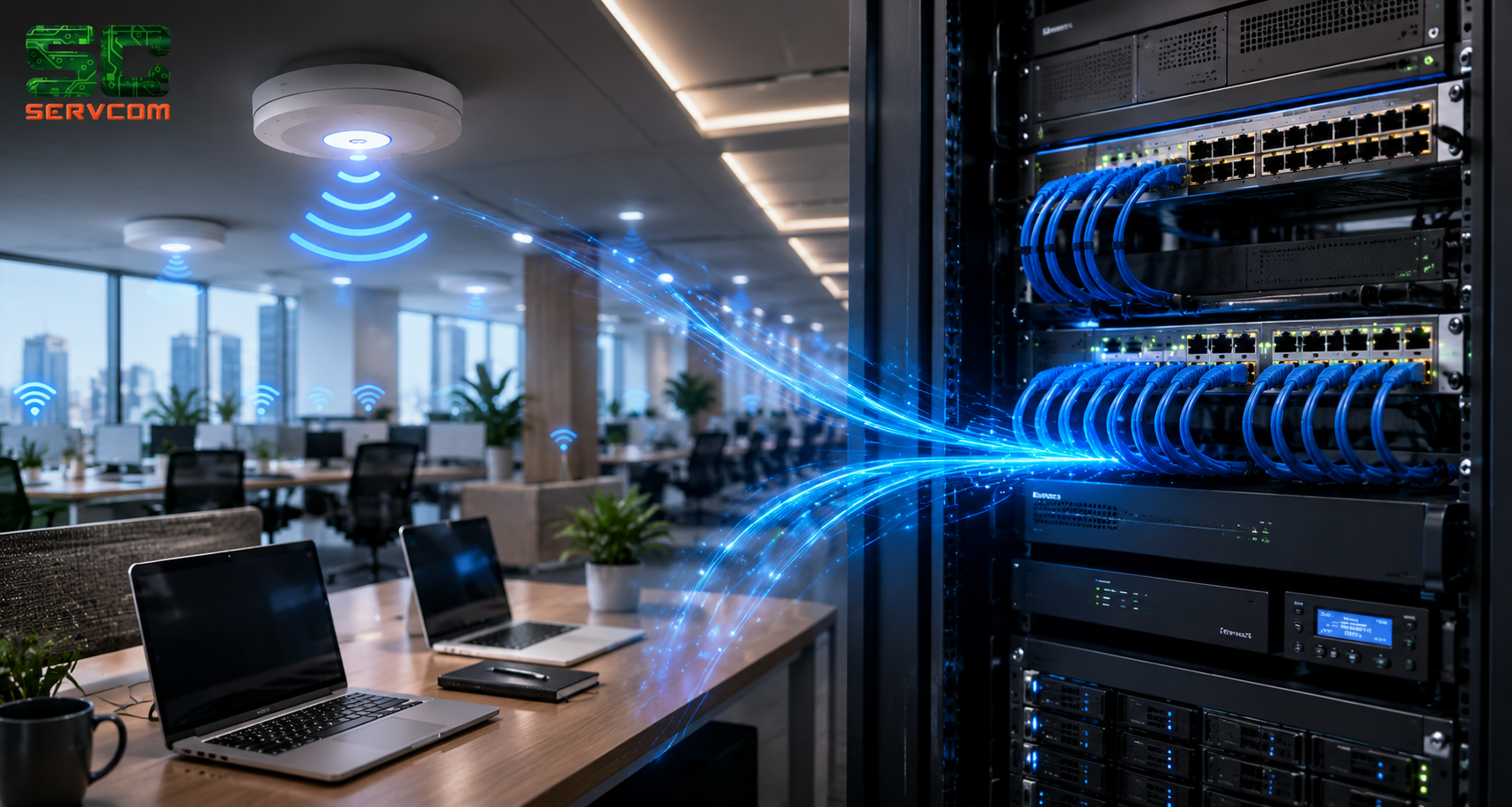 WiFi-only vs hybrid wired network comparison for serviced office IT infrastructure showing enterprise WiFi, structured cabling, server rack and office network deployment by Servcom Solutions.