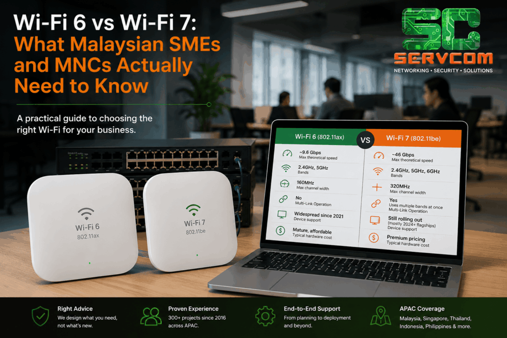 Wi-Fi 6 vs Wi-Fi 7 comparison chart for Malaysian businesses showing speed, bands, channel width, and device support differences