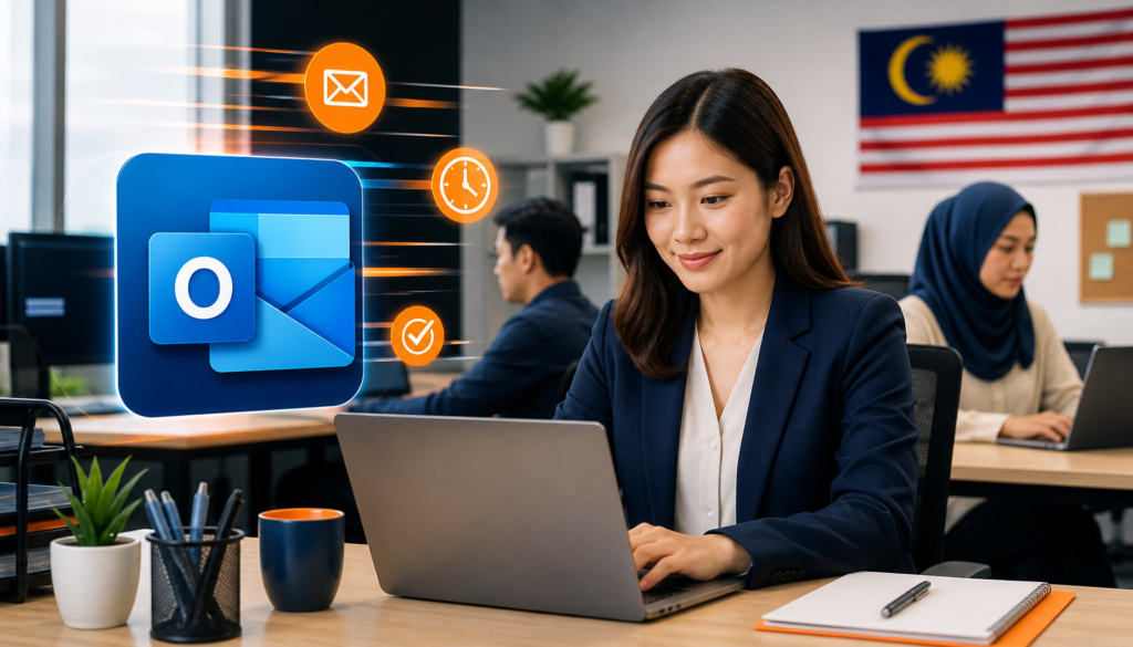 Malaysian office staff using everyday office tech tips in Microsoft Outlook to manage emails faster