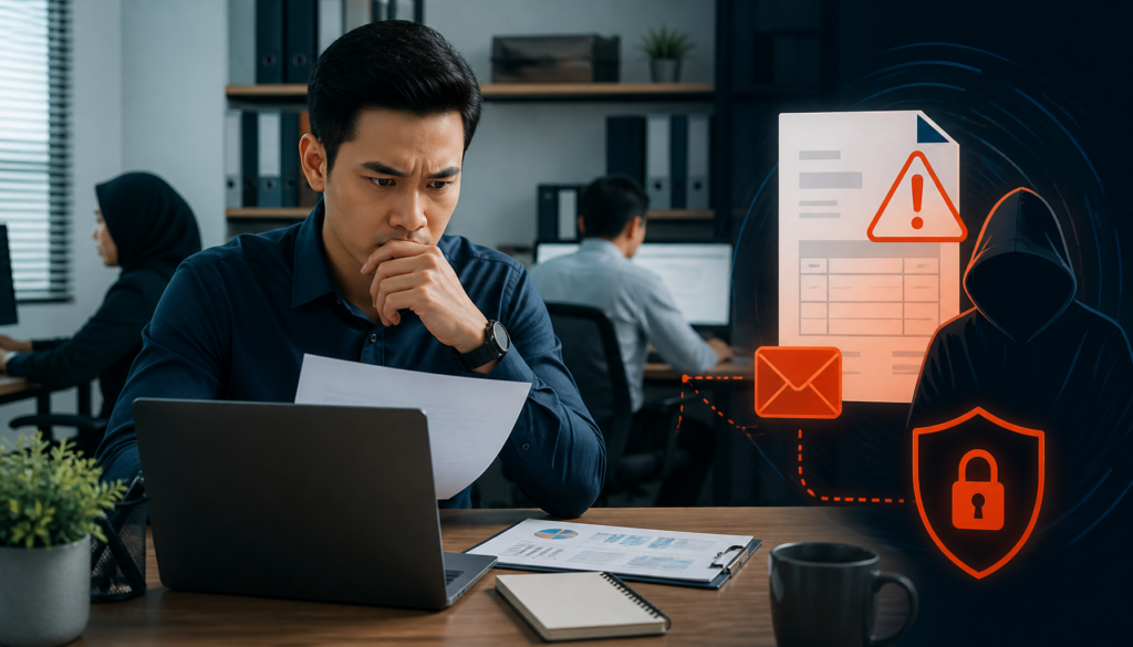Malaysian office staff learning to spot a fake invoice scam on a laptop screen