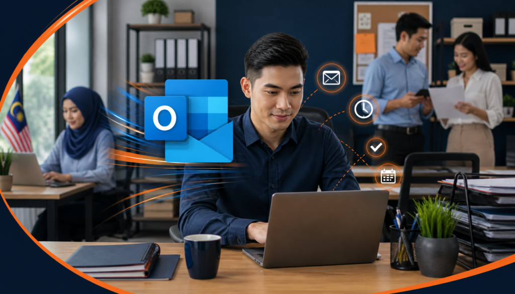 Malaysian office staff using Outlook email tips to manage inbox and save time at work