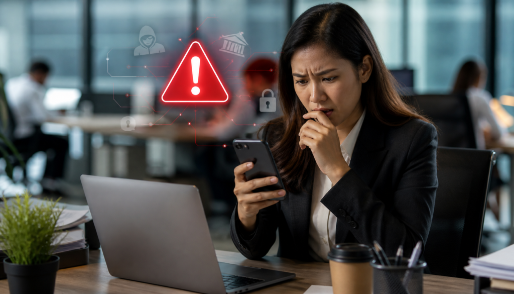 Office staff checking WhatsApp scams Malaysia warning on phone