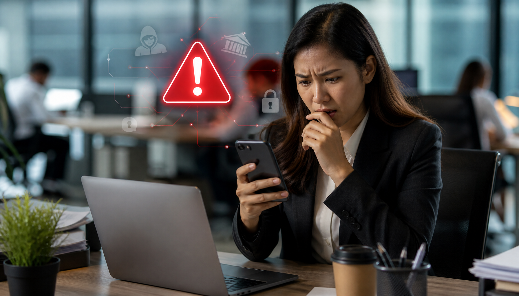 Office staff checking WhatsApp scams Malaysia warning on phone