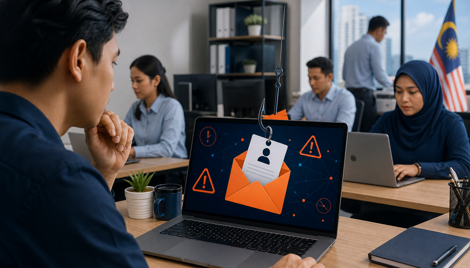 Malaysian office staff learning to identify phishing scams on a computer screen