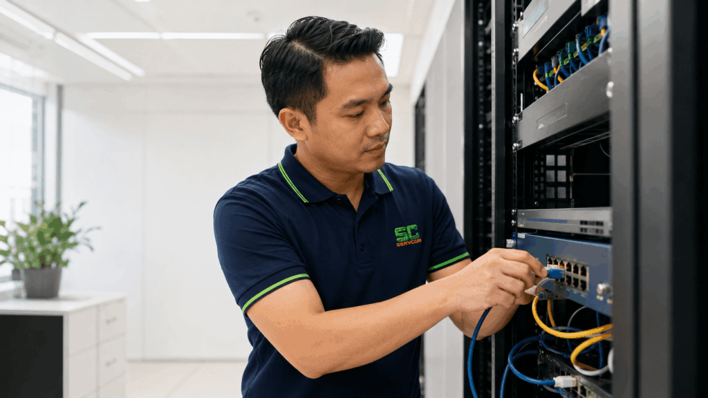 Servcom Solutions IT engineer installing a business firewall in an office server room in Malaysia
