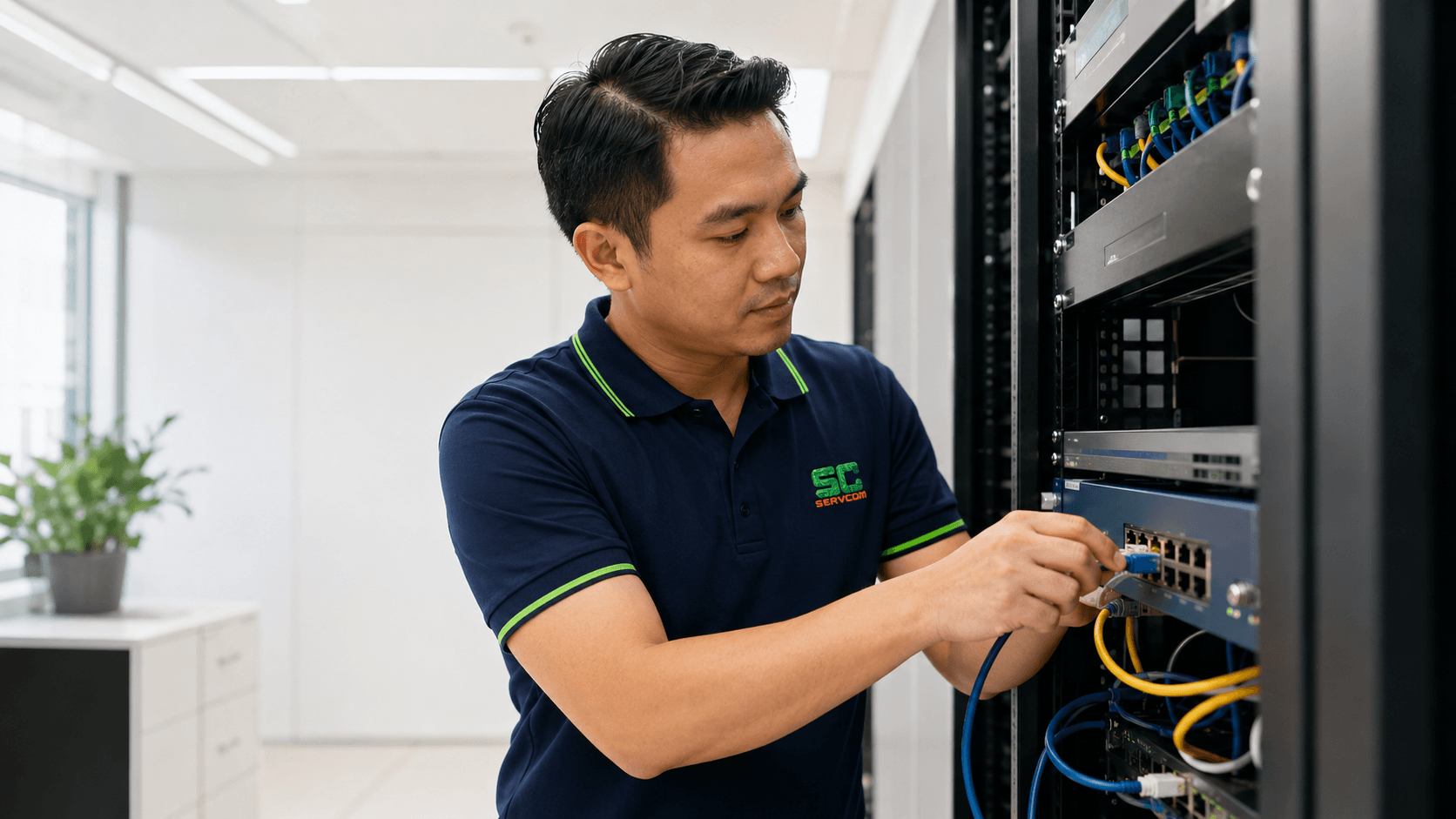 Business firewall solutions Malaysia — Servcom IT engineer installing a firewall in an office server room