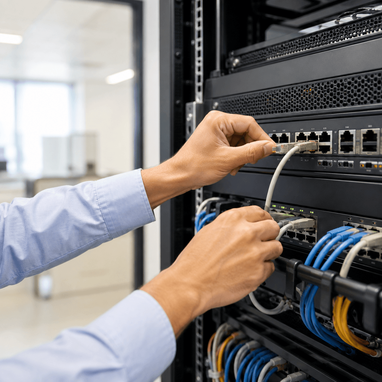 Servcom IT engineer connecting network cables during firewall installation in Malaysia
