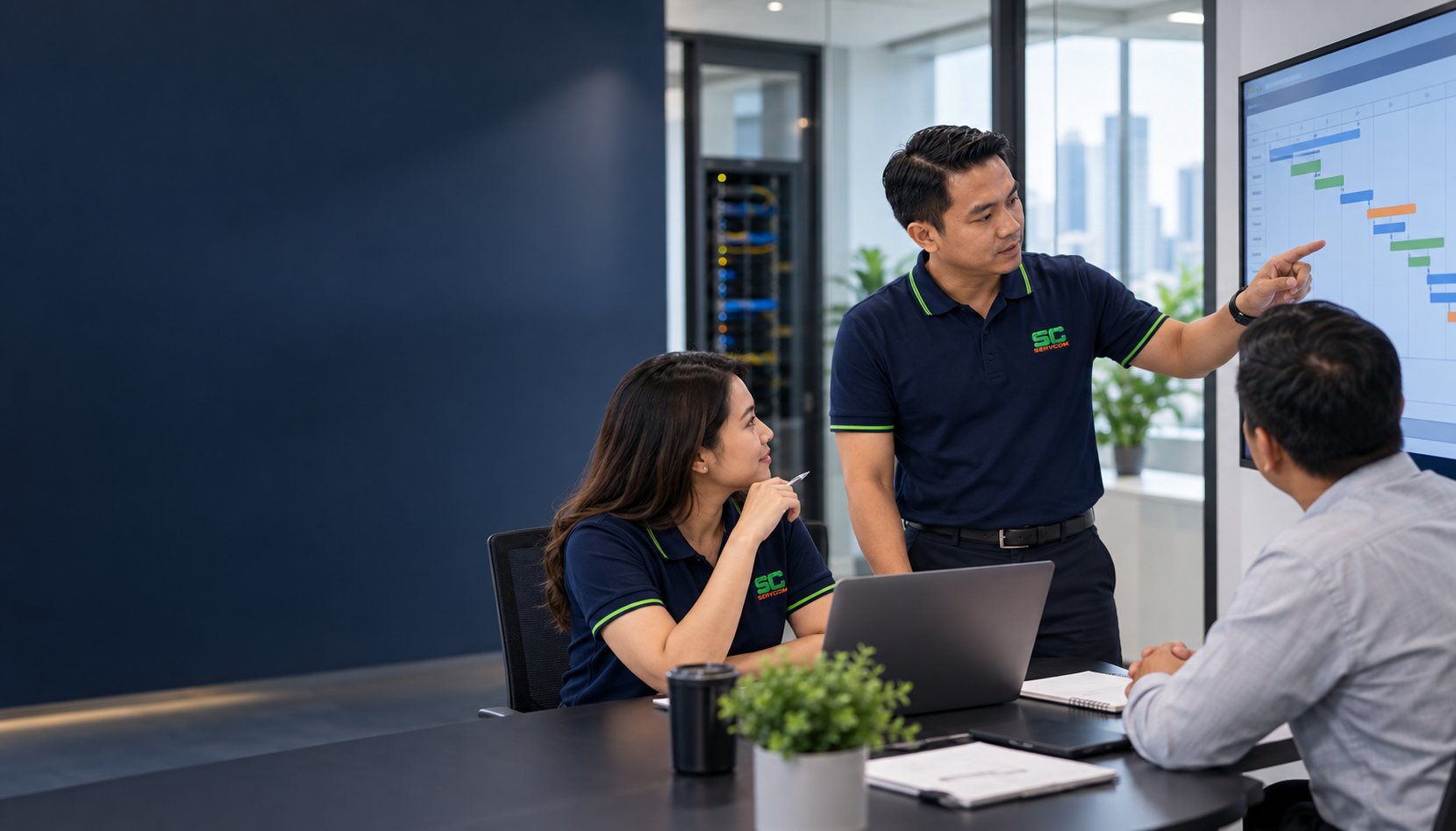 IT project management Malaysia team from Servcom reviewing a project timeline with a client