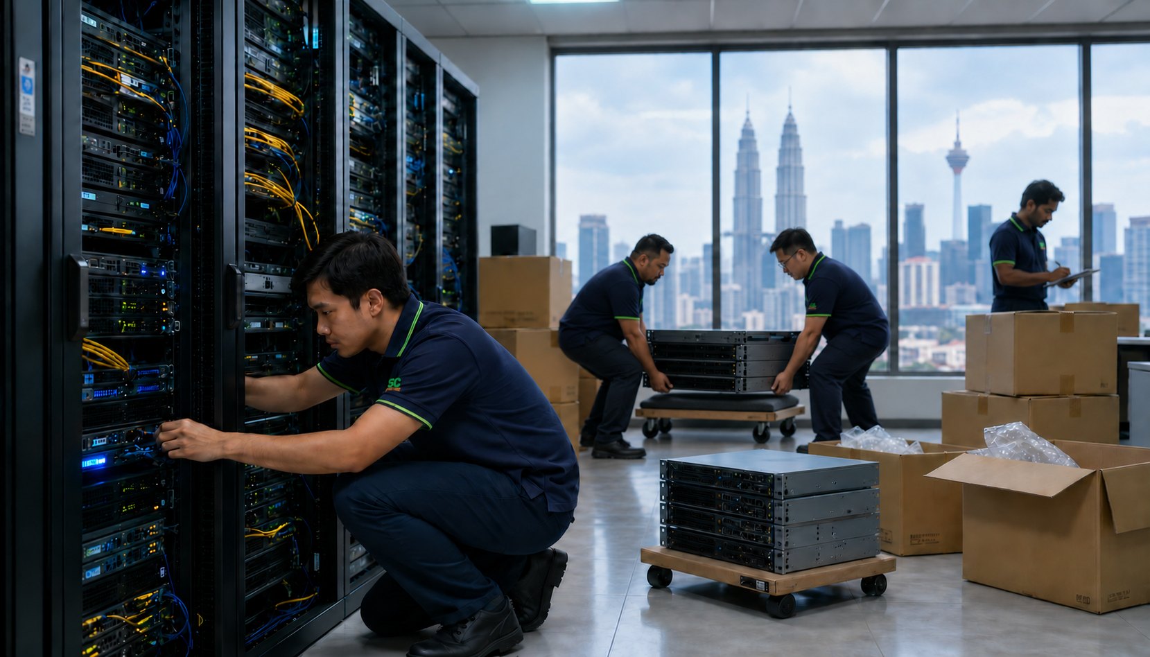 Server relocation Malaysia: Servcom engineers moving and re-racking servers in a Kuala Lumpur server room