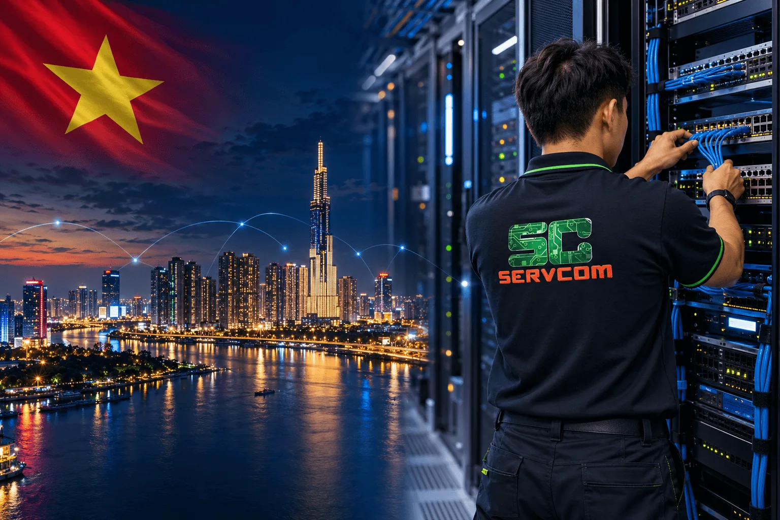 Smart Hands Vietnam — Servcom engineer providing on-site IT support and rack and stack in a Ho Chi Minh City data centre
