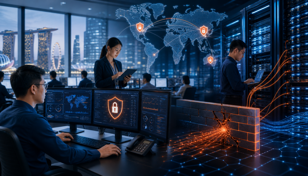 IT engineer reviewing firewall security gaps across multi-site APAC network infrastructure