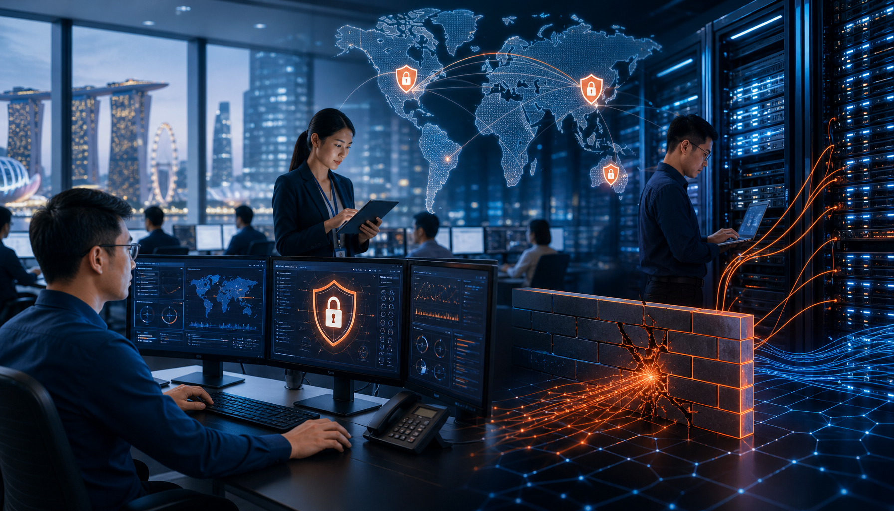 IT engineer reviewing firewall security gaps across multi-site APAC network infrastructure