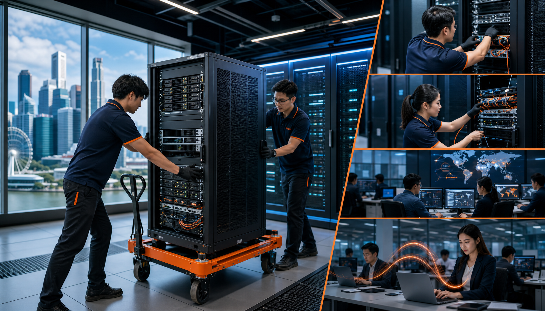 Engineers performing office IT relocation rack handling in a server room